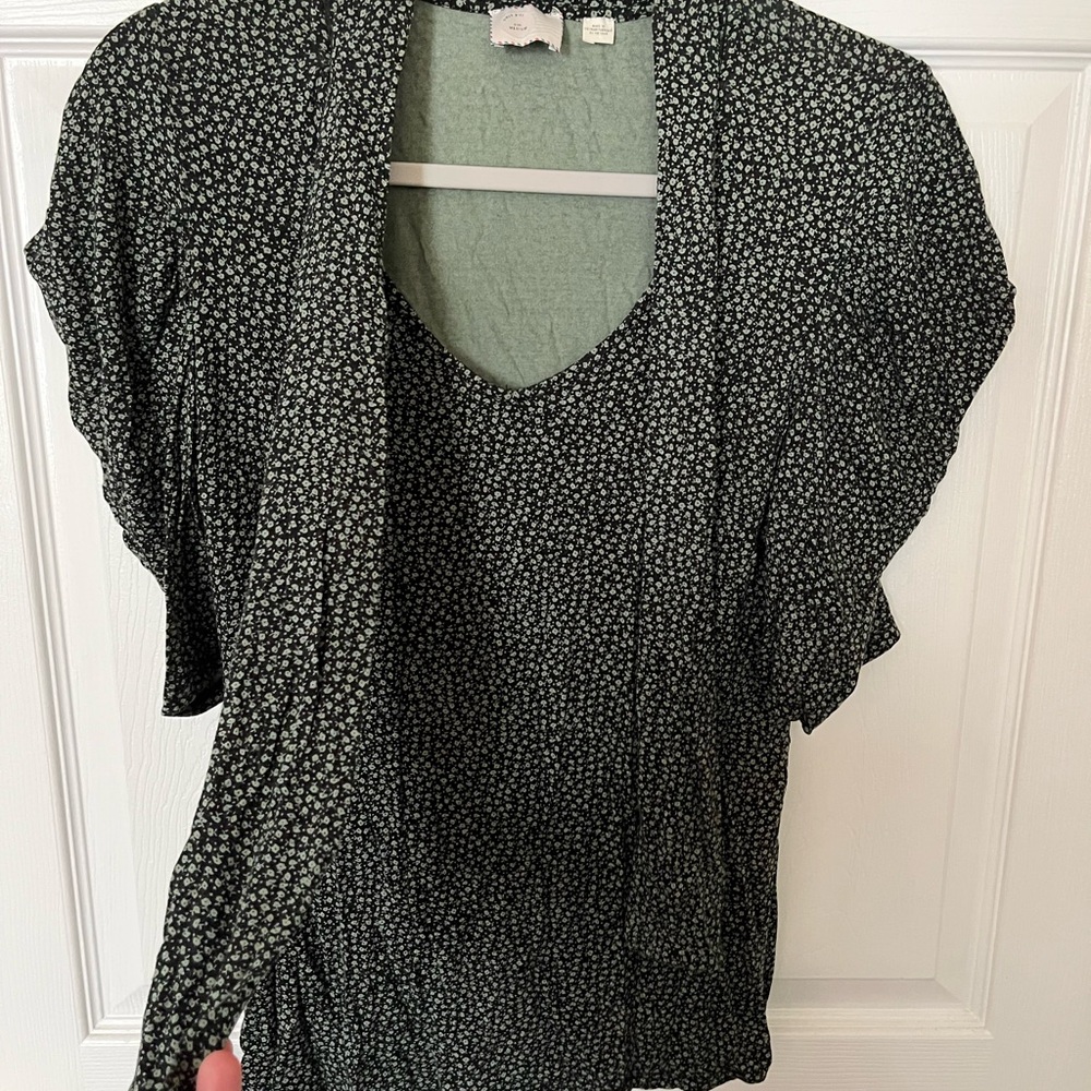 Anthropologie Black and Mint Green Floral Blouse